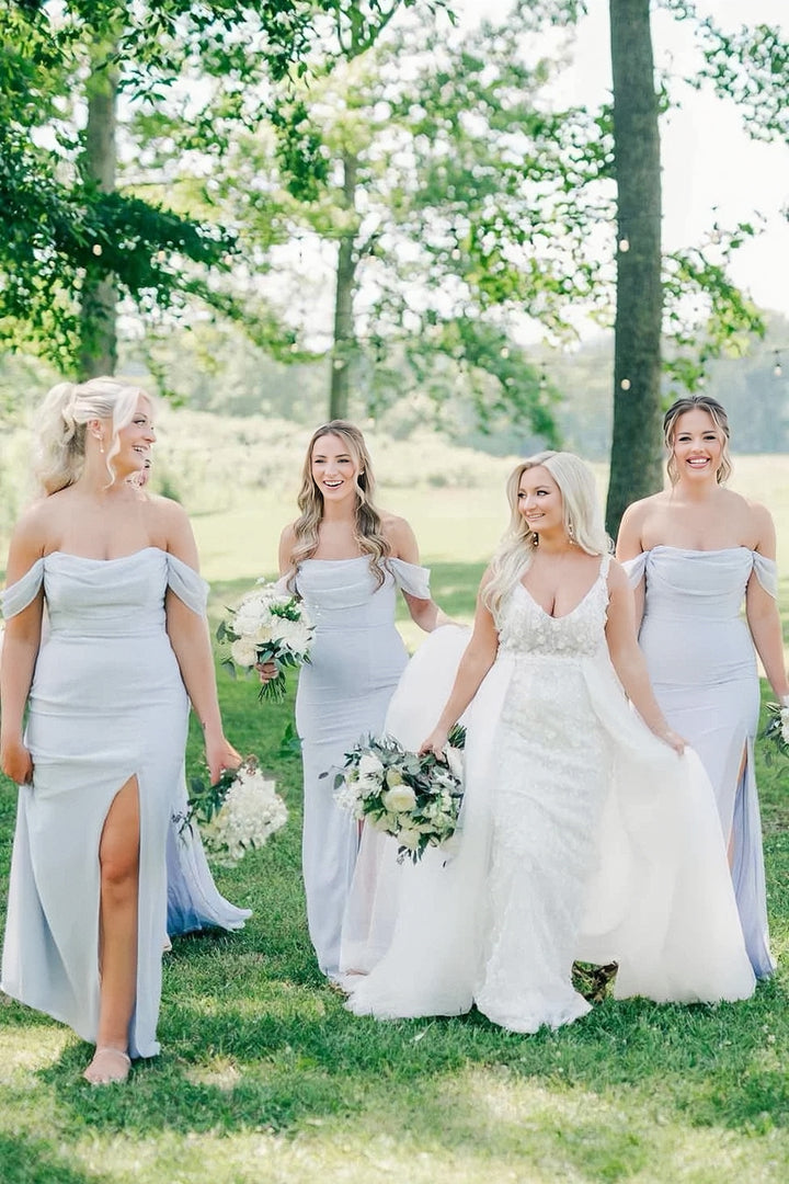 Lumidress Elegant Light Blue Off-Shoulder Bridesmaid Dress with Side Slit