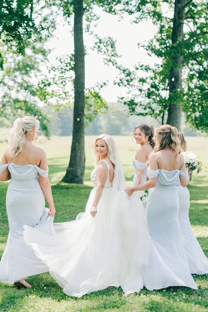Lumidress Elegant Light Blue Off-Shoulder Bridesmaid Dress with Side Slit