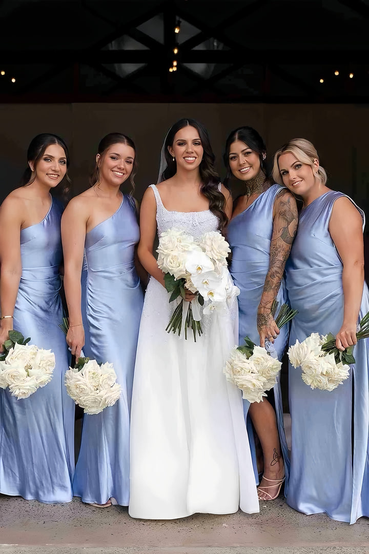 Lumidress Graceful Blue One-Shoulder Satin Pleated Formal Bridesmaid Dress