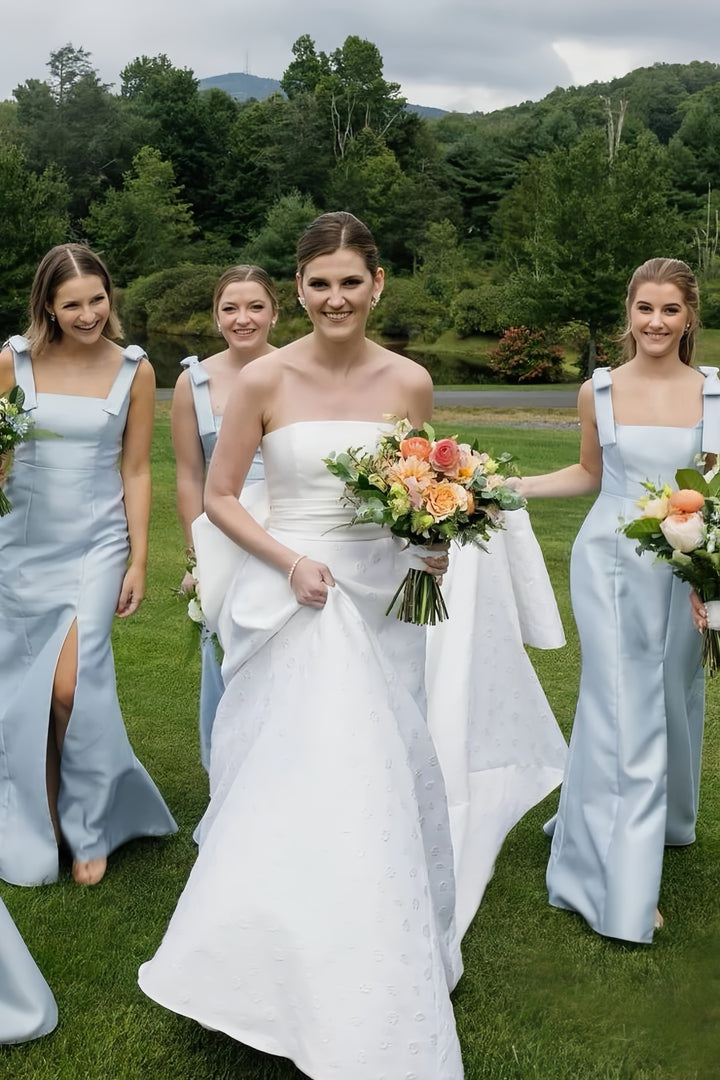Lumidress Elegant Satin Sleeveless Mermaid Bridesmaid Dress with Slit and Bow Straps