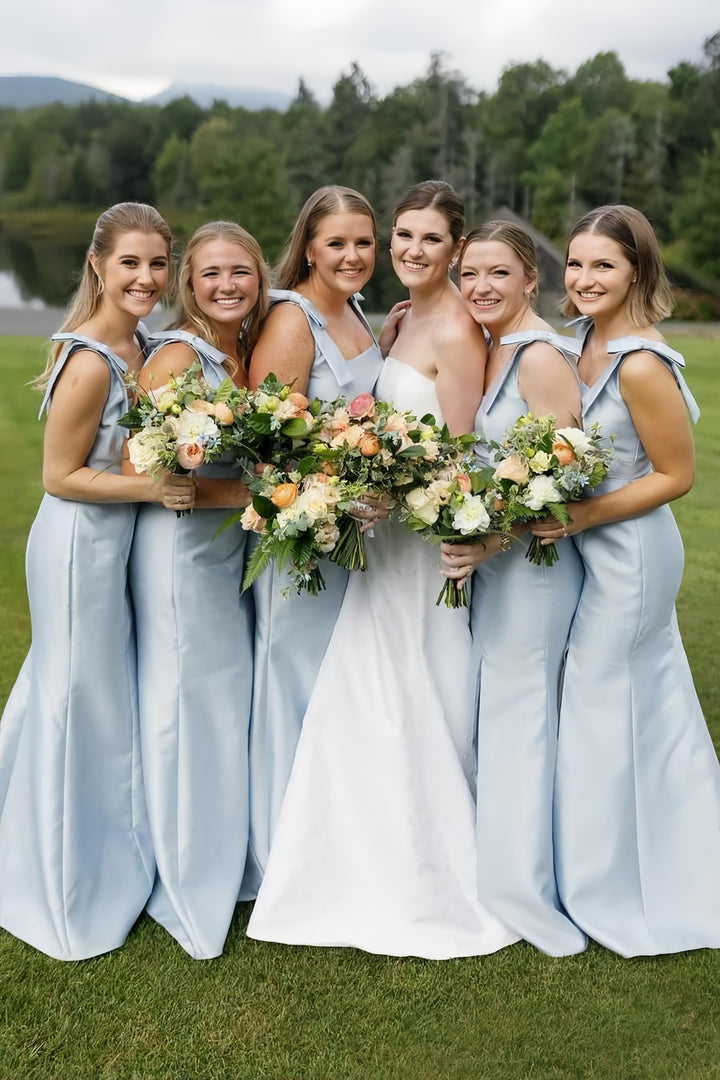 Lumidress Elegant Satin Sleeveless Mermaid Bridesmaid Dress with Slit and Bow Straps