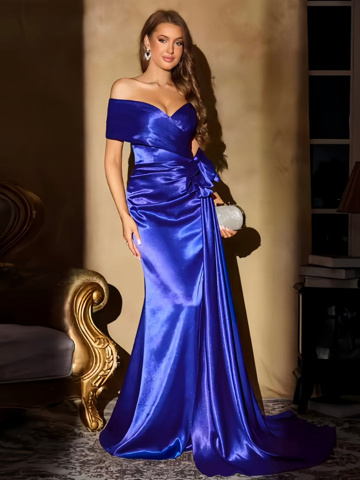 Lumidress Royal Blue Satin Off-Shoulder Prom Dress with Side Slit & Bow Detail