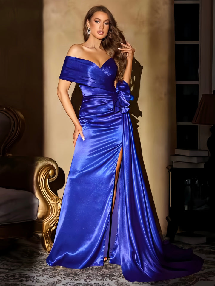 Lumidress Royal Blue Satin Off-Shoulder Prom Dress with Side Slit & Bow Detail