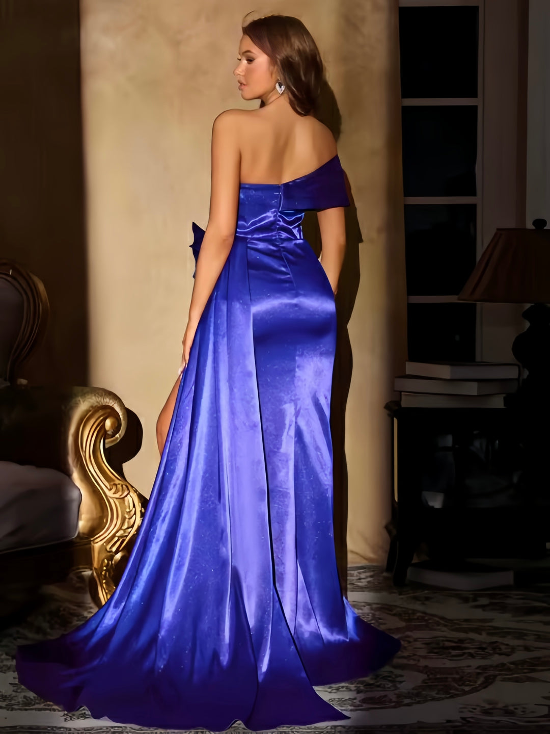 Lumidress Royal Blue Satin Off-Shoulder Prom Dress with Side Slit & Bow Detail