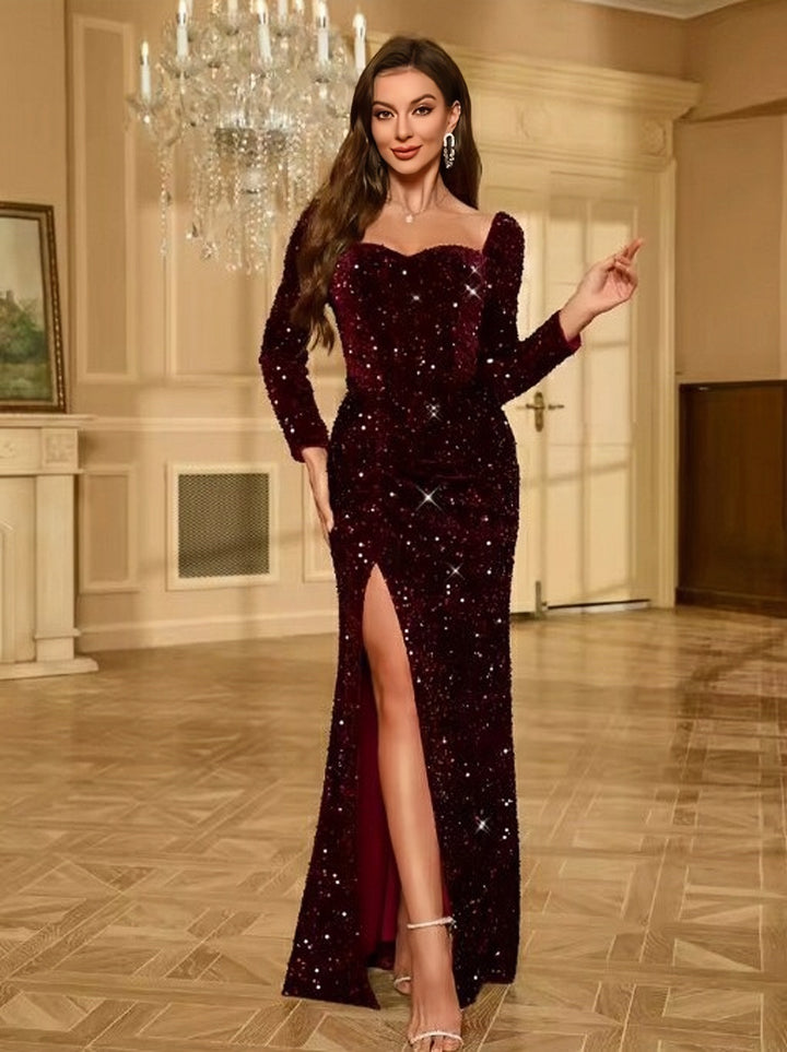 Lumidress Long Sleeves Sweetheart Floor-Length Sequins Prom Dresses