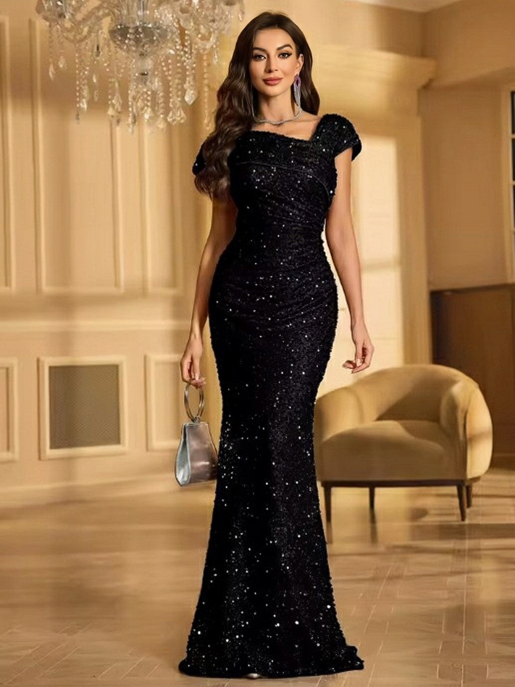 Lumidress Burgundy Glitter Sequin Mermaid Floor-Length Formal Prom Evening Dress