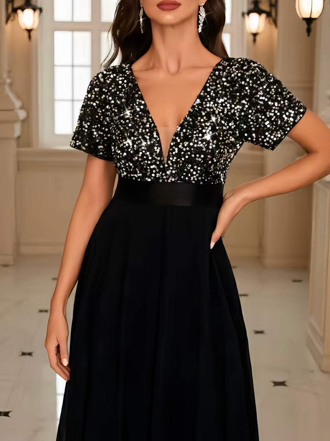 Lumidress Elegant Black Sequin Evening Gown for Formal Events