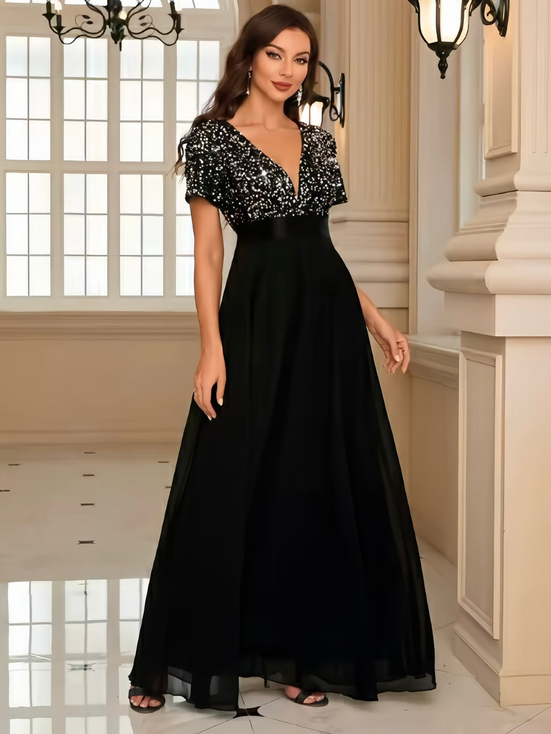 Lumidress Elegant Black Sequin Evening Gown for Formal Events