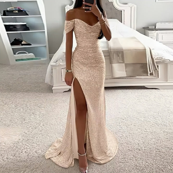 Lumidress Off-Shoulder Sequined Evening Gown with Side Slit