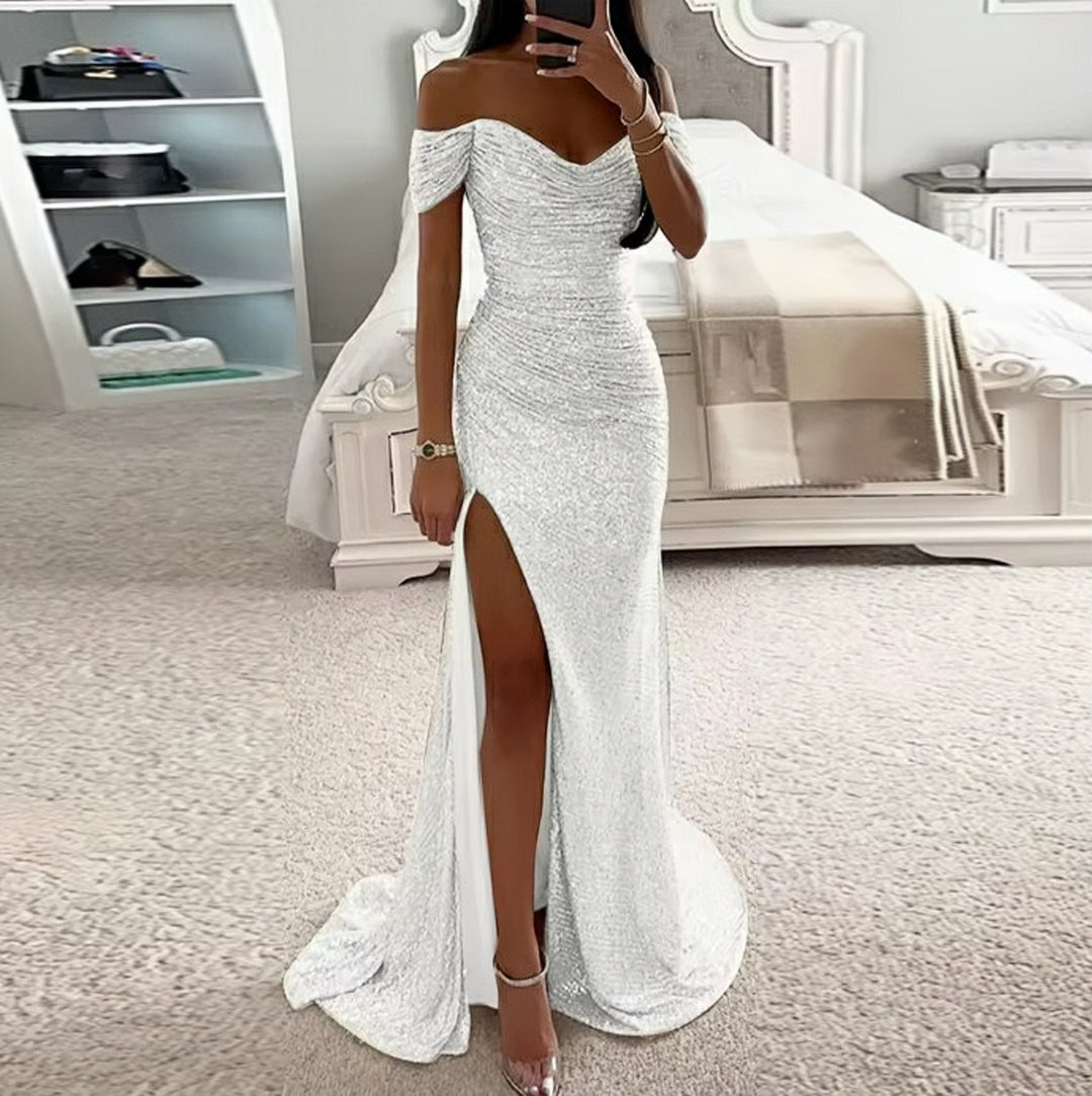 Lumidress Off-Shoulder Sequined Evening Gown with Side Slit