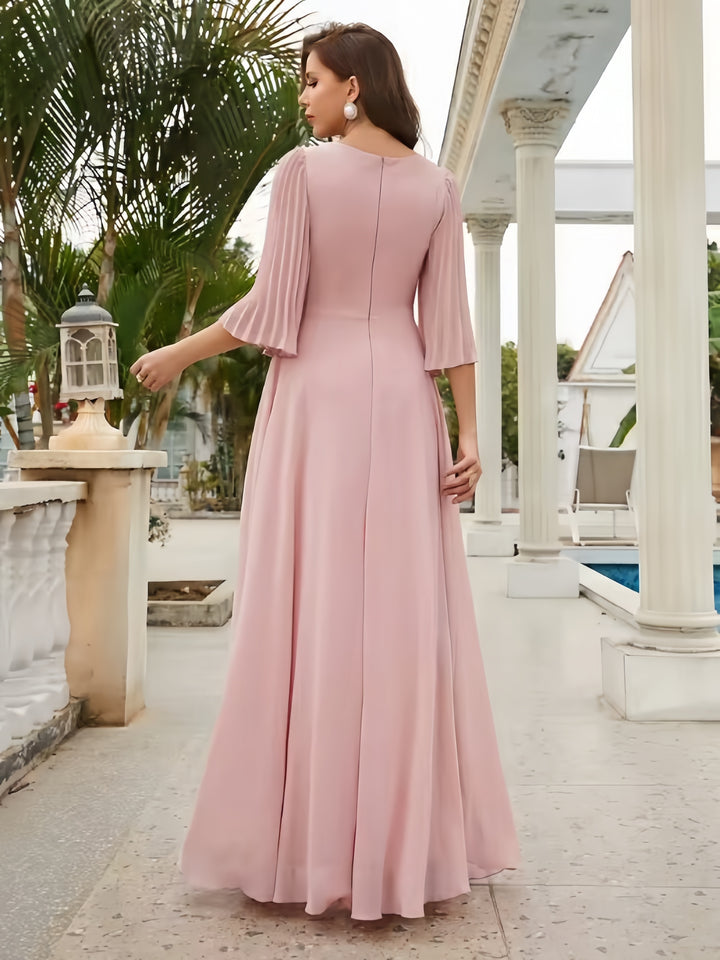 Lumidress Elegant Chiffon V-Neck Flared Sleeves Floor-Length Evening Gown