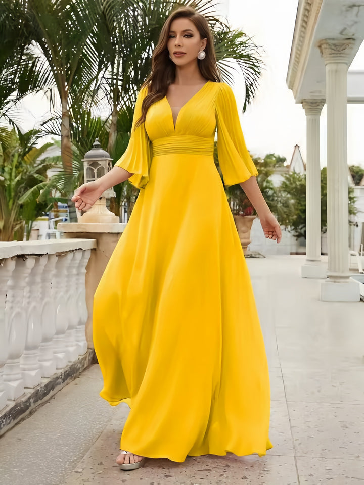 Lumidress Elegant Chiffon V-Neck Flared Sleeves Floor-Length Evening Gown