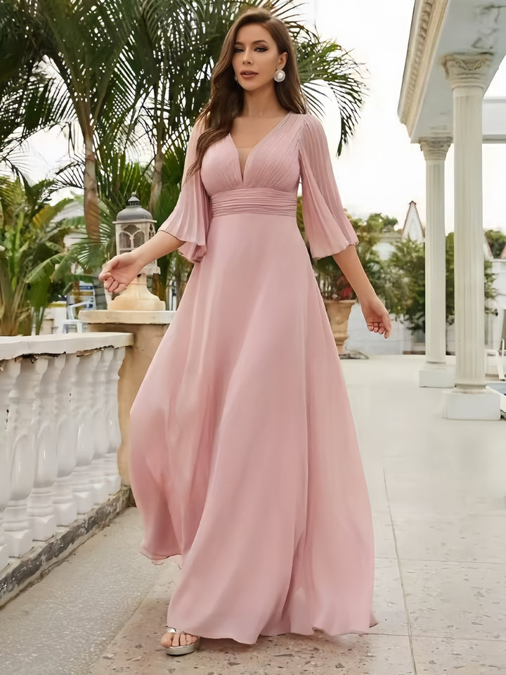 Lumidress Elegant Chiffon V-Neck Flared Sleeves Floor-Length Evening Gown