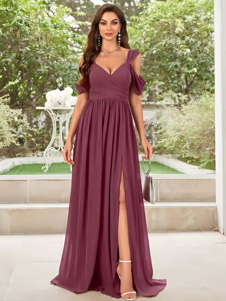 Lumidress Elegant A-Line Chiffon Evening Gown with Romantic V-Neck and Flowing Skirt