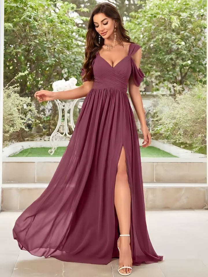 Lumidress Elegant A-Line Chiffon Evening Gown with Romantic V-Neck and Flowing Skirt