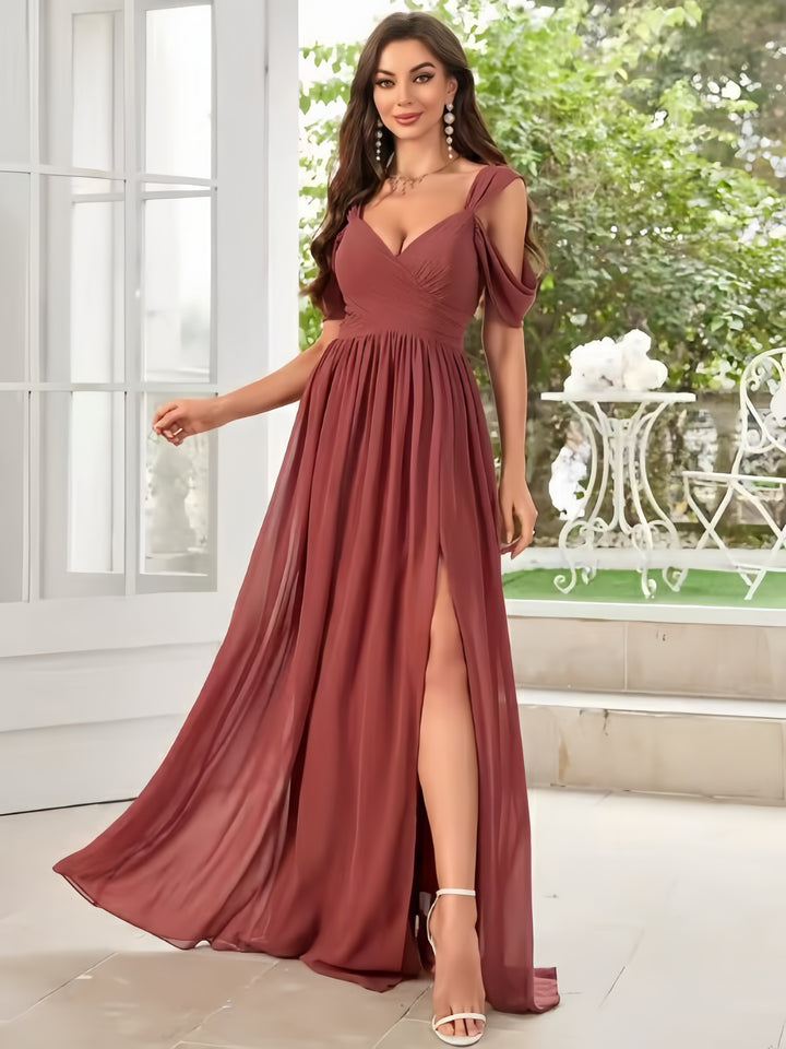 Lumidress Elegant A-Line Chiffon Evening Gown with Romantic V-Neck and Flowing Skirt