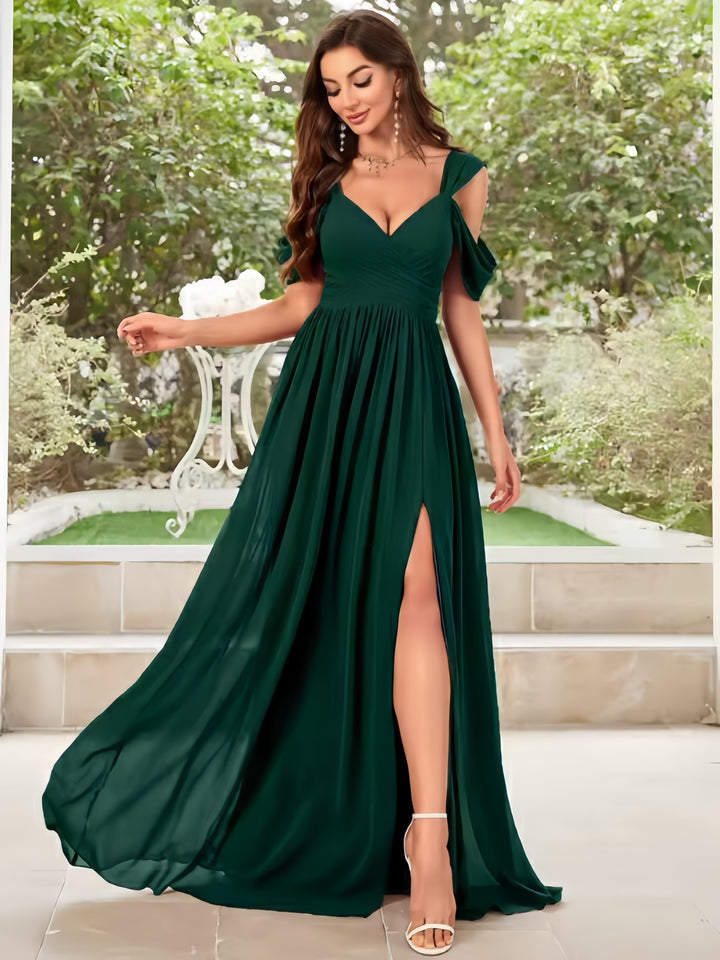 Lumidress Elegant A-Line Chiffon Evening Gown with Romantic V-Neck and Flowing Skirt