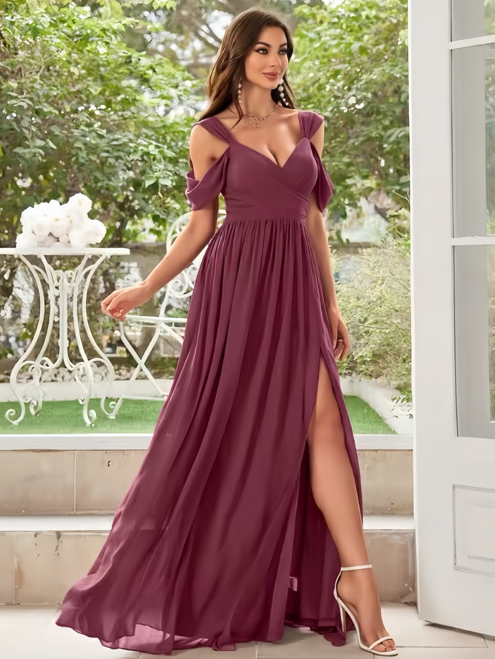 Lumidress Elegant A-Line Chiffon Evening Gown with Romantic V-Neck and Flowing Skirt
