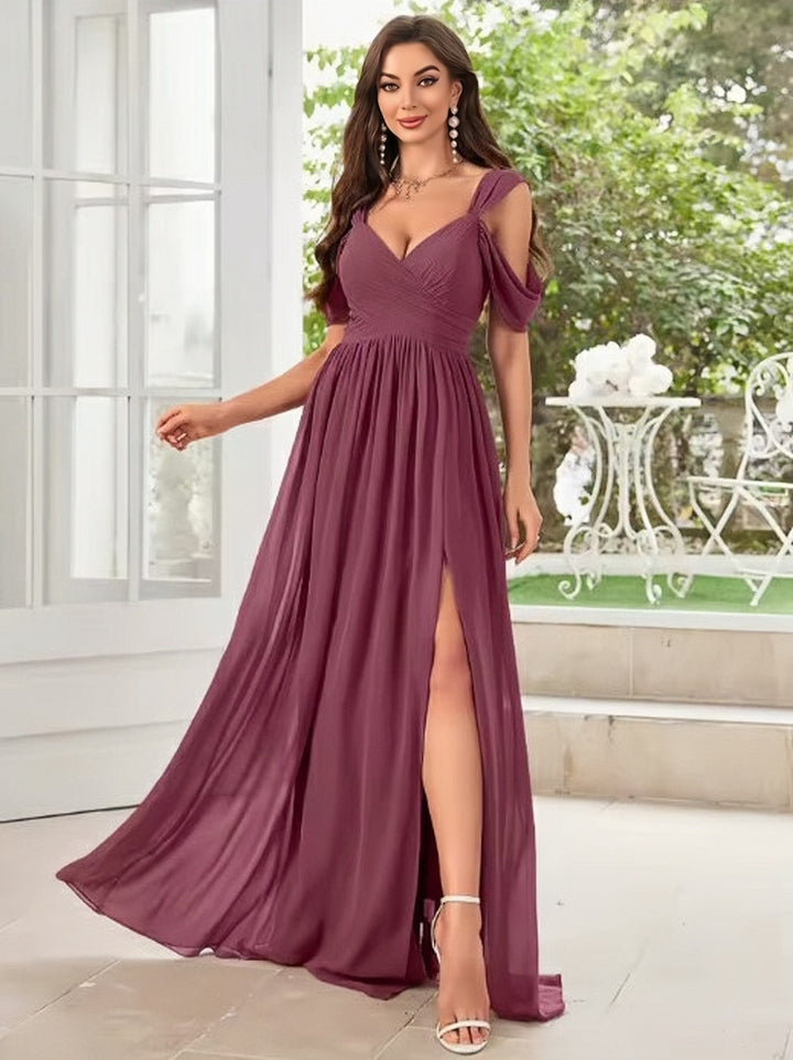 Lumidress Elegant A-Line Chiffon Evening Gown with Romantic V-Neck and Flowing Skirt