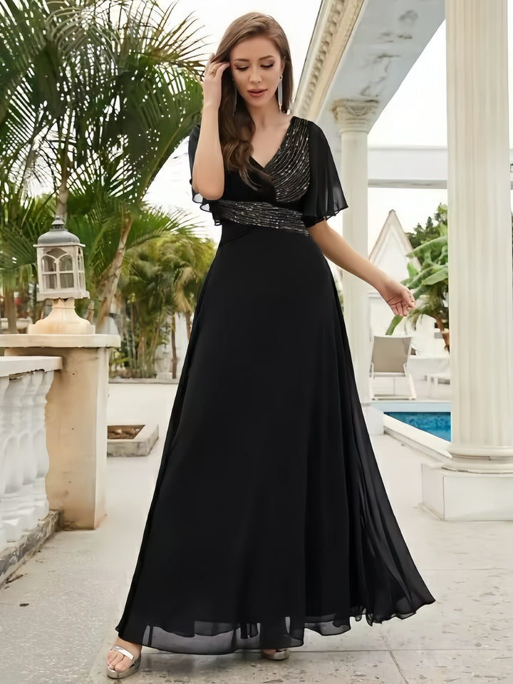 Lumidress Chiffon Floor-Length A-Line Evening Gown with Sequin Details