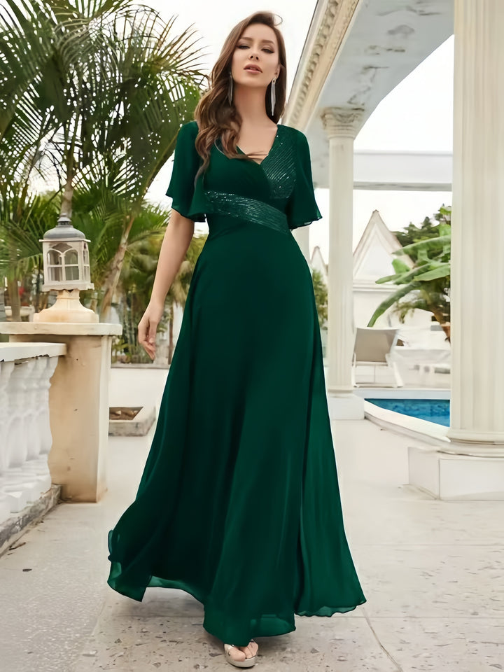 Lumidress Chiffon Floor-Length A-Line Evening Gown with Sequin Details