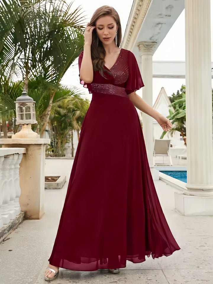 Lumidress Chiffon Floor-Length A-Line Evening Gown with Sequin Details