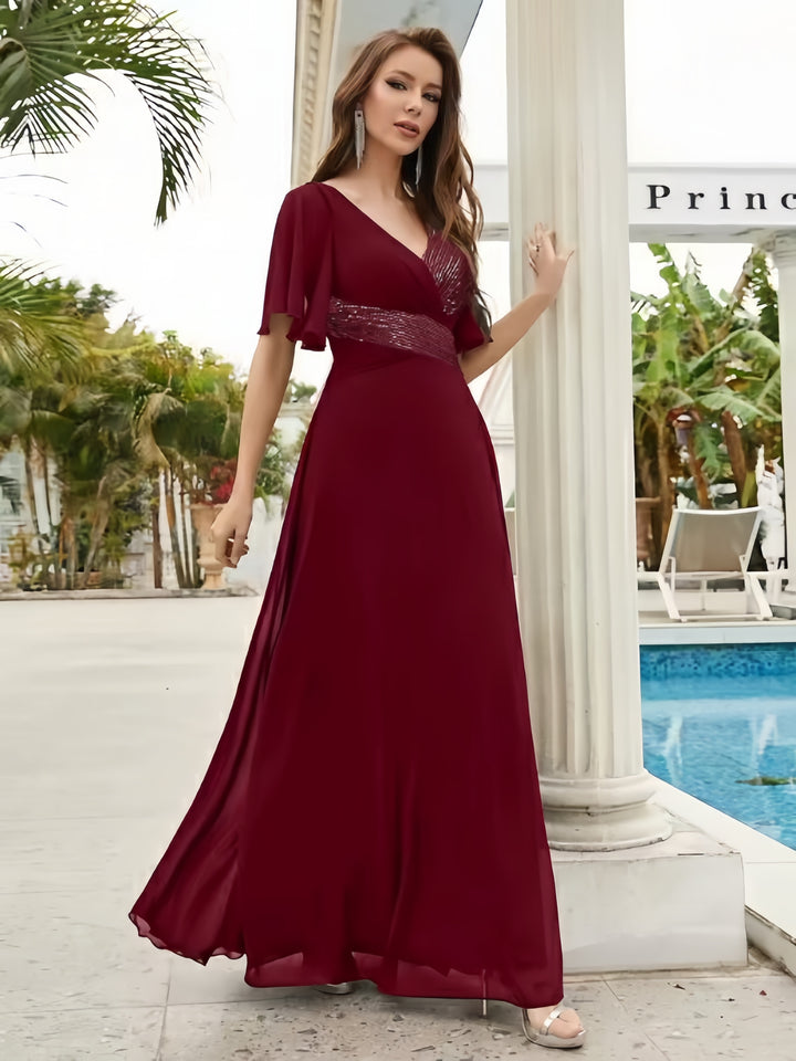 Lumidress Chiffon Floor-Length A-Line Evening Gown with Sequin Details