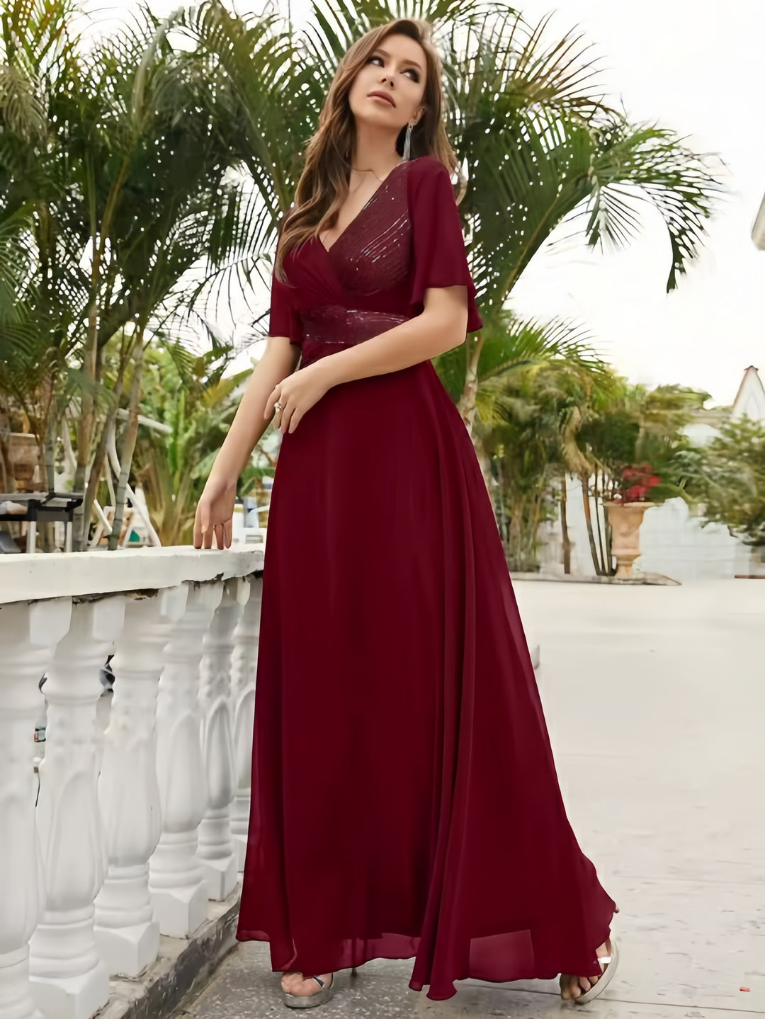 Lumidress Chiffon Floor-Length A-Line Evening Gown with Sequin Details