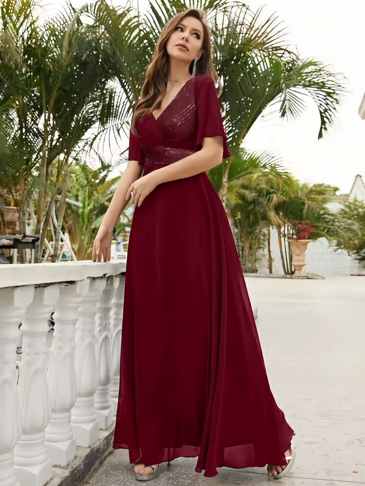 Lumidress Chiffon Floor-Length A-Line Evening Gown with Sequin Details