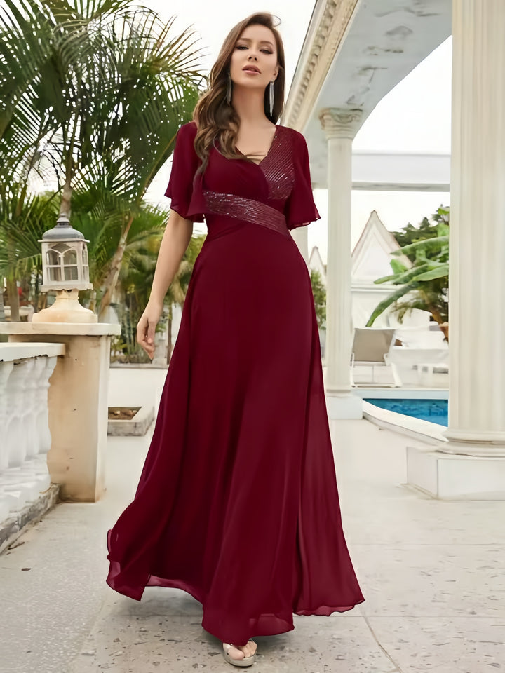 Lumidress Chiffon Floor-Length A-Line Evening Gown with Sequin Details