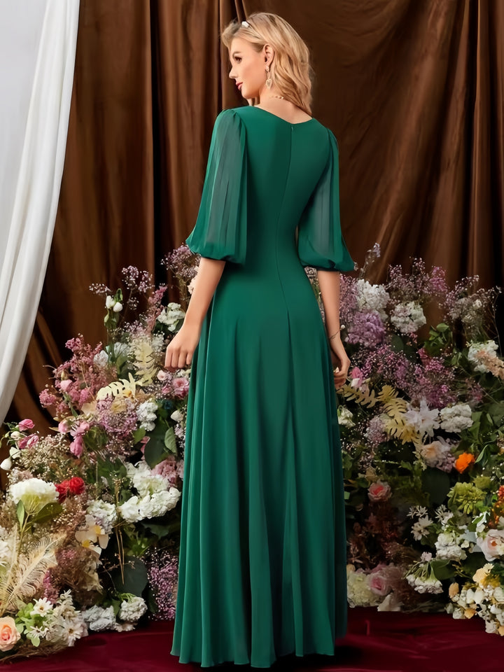 Lumidress V-Neck Lantern Sleeve Chiffon Floor-Length Bridesmaid Dress