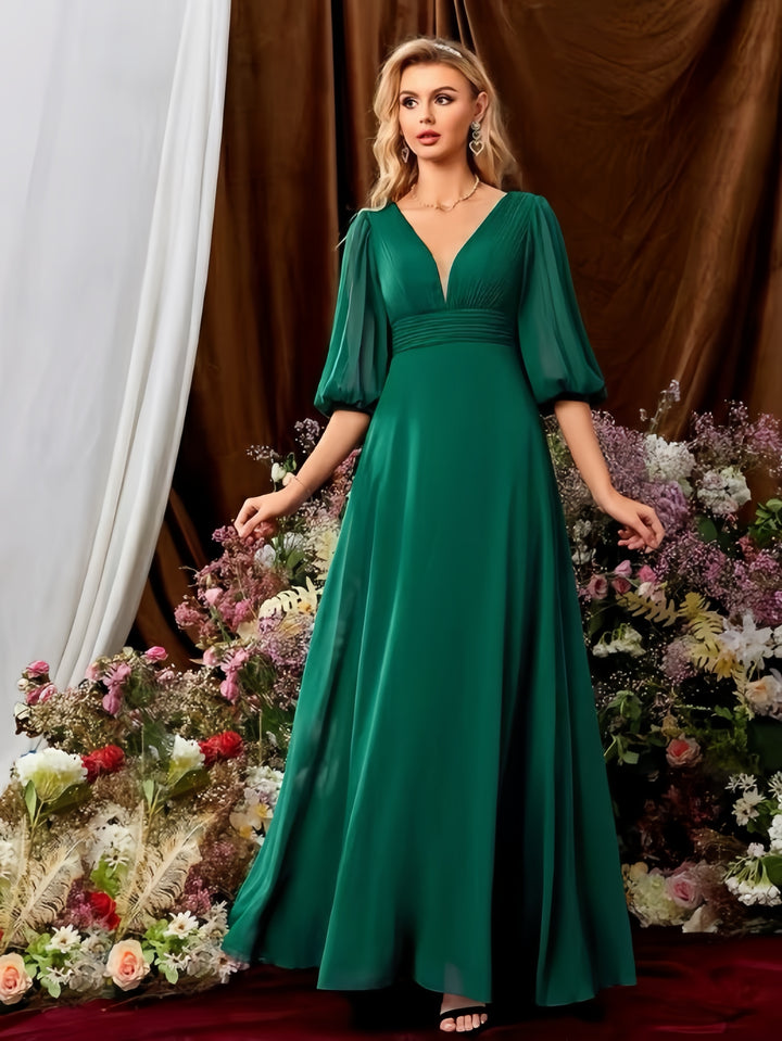 Lumidress V-Neck Lantern Sleeve Chiffon Floor-Length Bridesmaid Dress