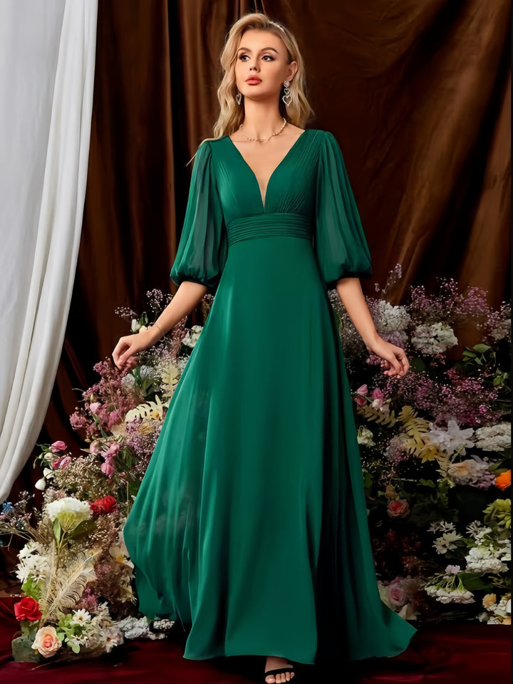 Lumidress V-Neck Lantern Sleeve Chiffon Floor-Length Bridesmaid Dress