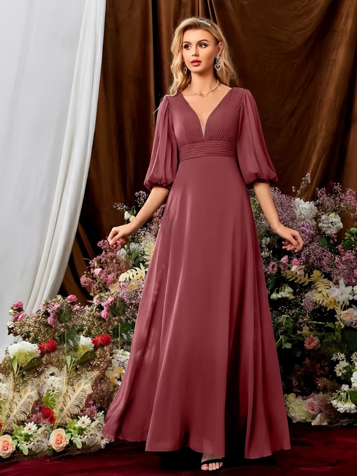 Lumidress V-Neck Lantern Sleeve Chiffon Floor-Length Bridesmaid Dress