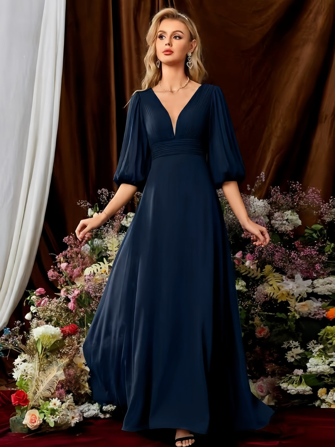 Lumidress V-Neck Lantern Sleeve Chiffon Floor-Length Bridesmaid Dress