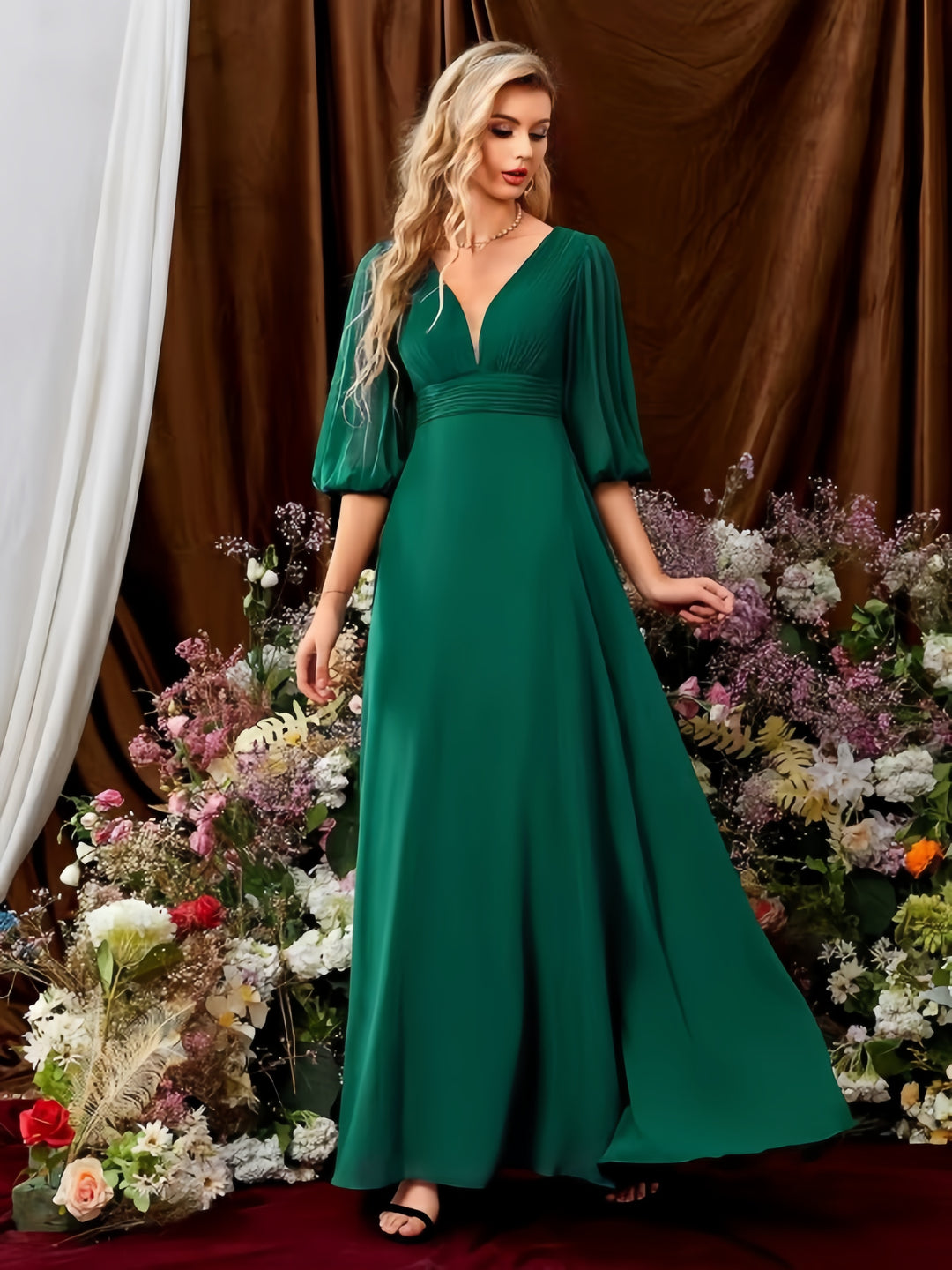 Lumidress V-Neck Lantern Sleeve Chiffon Floor-Length Bridesmaid Dress