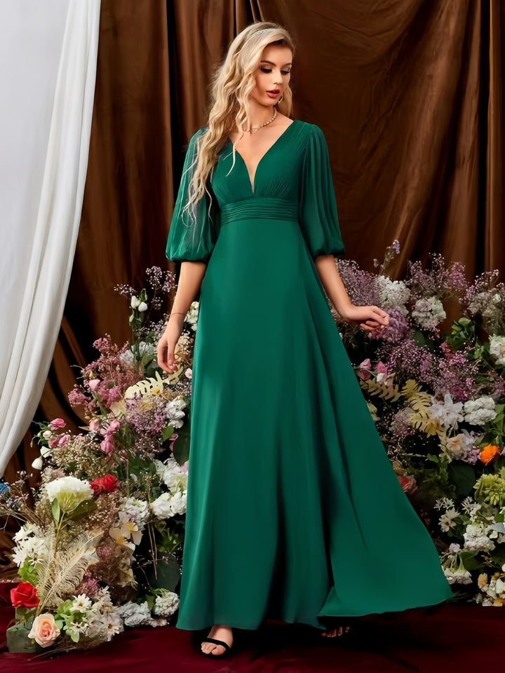 Lumidress V-Neck Lantern Sleeve Chiffon Floor-Length Bridesmaid Dress