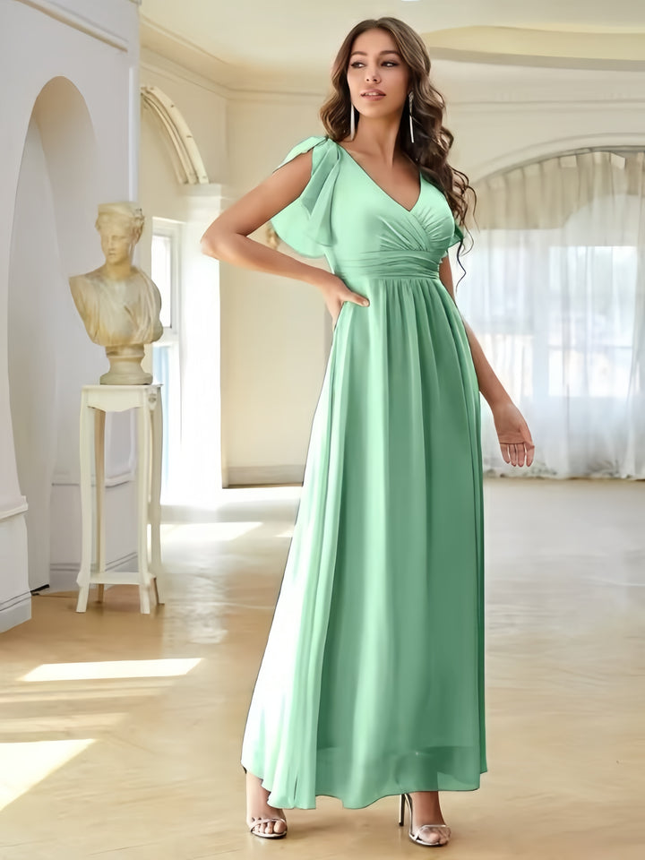 Lumidress Mint Green V-Neck Solid Ruffle Trim Chiffon Floor-Length Bridesmaid Dress