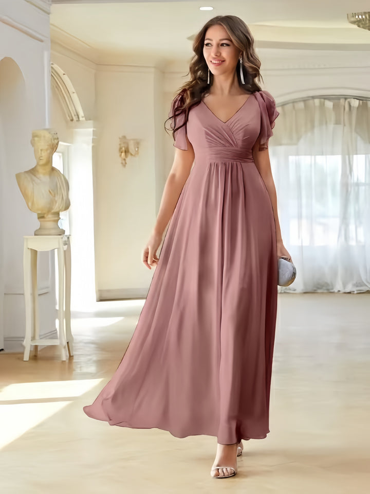 Lumidress Mint Green V-Neck Solid Ruffle Trim Chiffon Floor-Length Bridesmaid Dress
