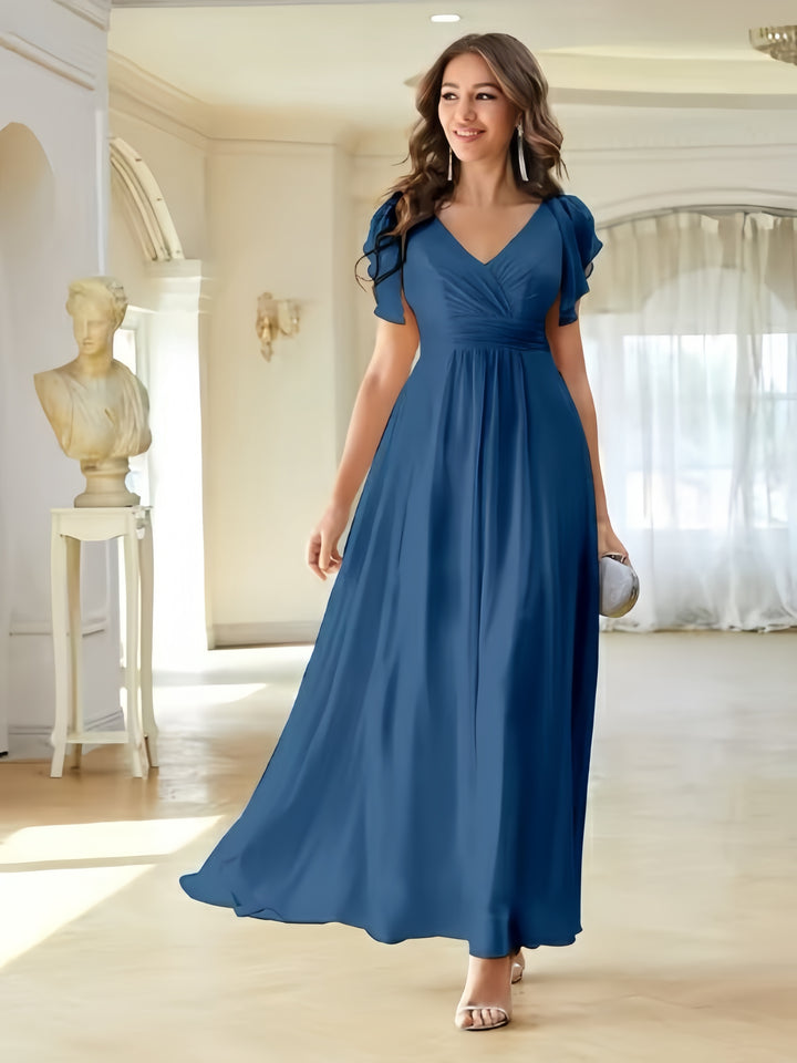 Lumidress Mint Green V-Neck Solid Ruffle Trim Chiffon Floor-Length Bridesmaid Dress