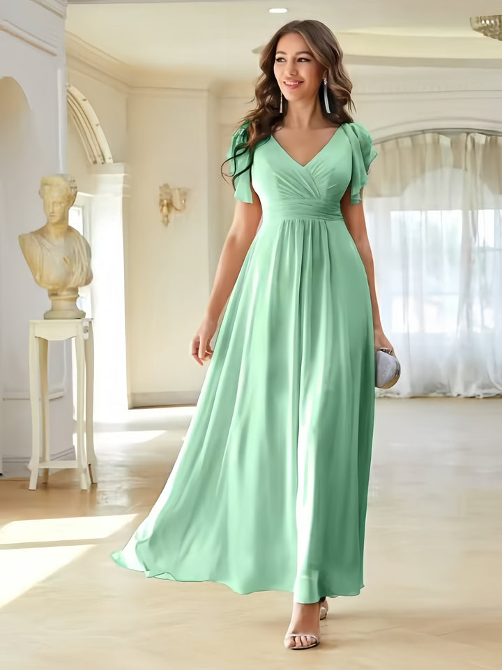 Lumidress Mint Green V-Neck Solid Ruffle Trim Chiffon Floor-Length Bridesmaid Dress