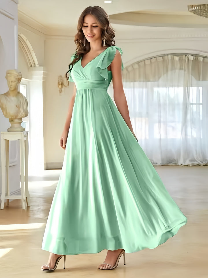 Lumidress Mint Green V-Neck Solid Ruffle Trim Chiffon Floor-Length Bridesmaid Dress