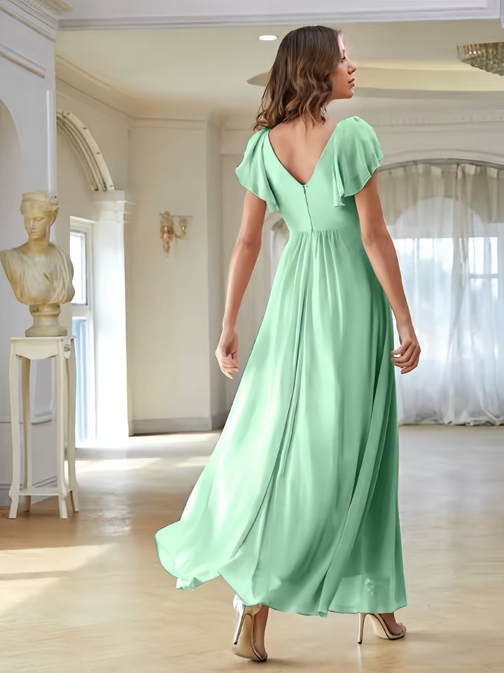 Lumidress Mint Green V-Neck Solid Ruffle Trim Chiffon Floor-Length Bridesmaid Dress