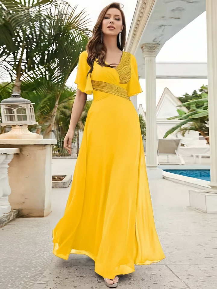 Lumidress Chiffon Floor-Length A-Line Evening Gown with Sequin Details