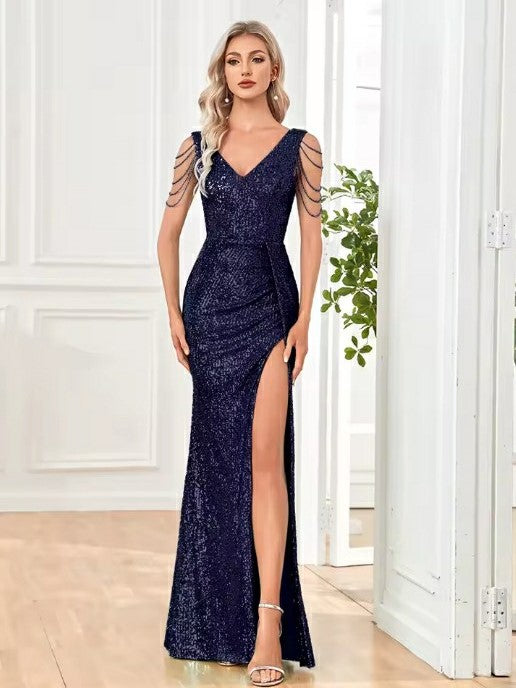 Lumidress V-Neck Side Slit Luxury Sequins Beaded Long 2025 Evening Dresses