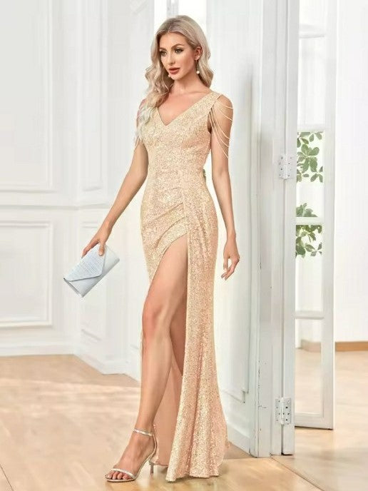 Lumidress V-Neck Side Slit Luxury Sequins Beaded Long 2025 Evening Dresses