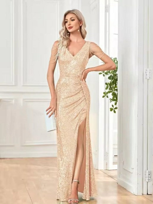 Lumidress V-Neck Side Slit Luxury Sequins Beaded Long 2025 Evening Dresses