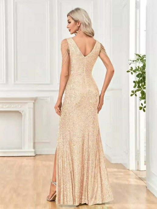 Lumidress V-Neck Side Slit Luxury Sequins Beaded Long 2025 Evening Dresses