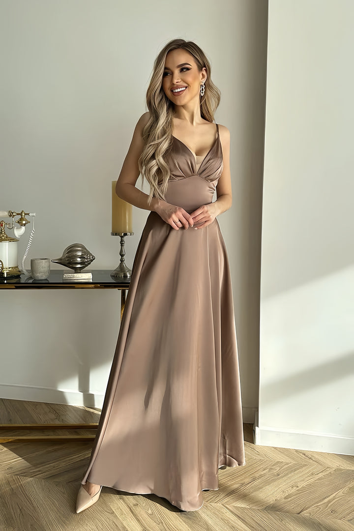 Lumidress Elegant Satin Spaghetti Strap V-Neck Floor-Length Prom Gown