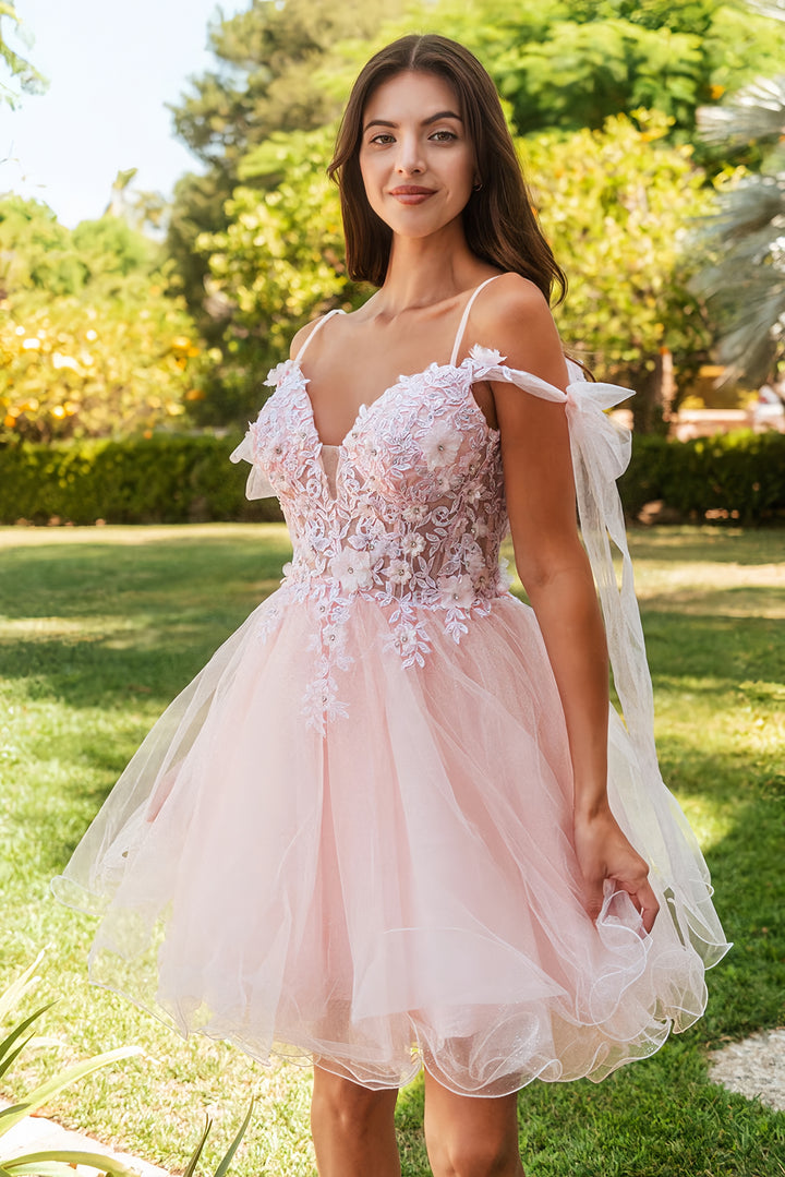 Lumidress A-Line Floral Appliques Short Cold Shoulder Bow Homecoming Dress
